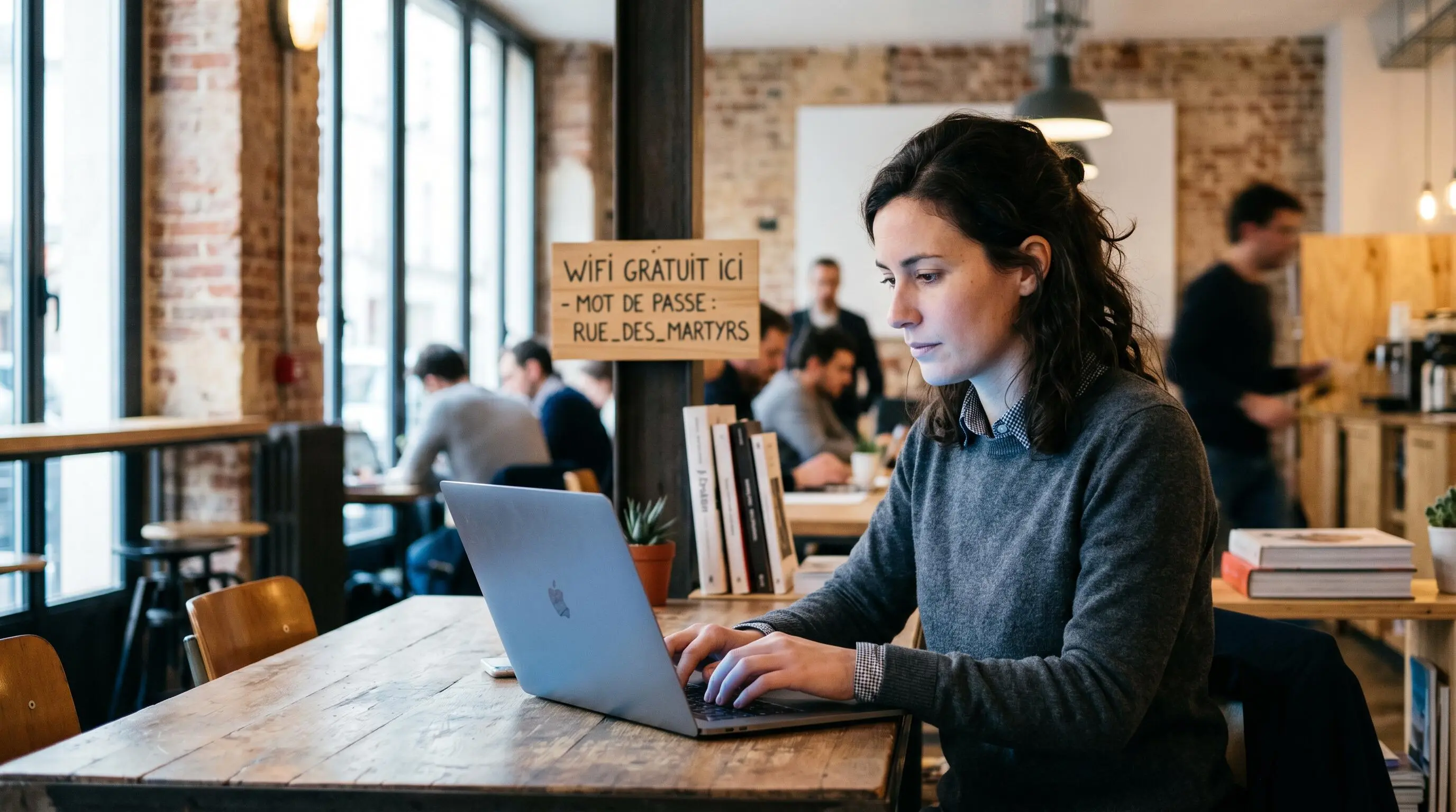 Collaboratrice PME travaillant sur laptop dans café parisien avec WiFi public, environnement exposant potentiellement son adresse IP