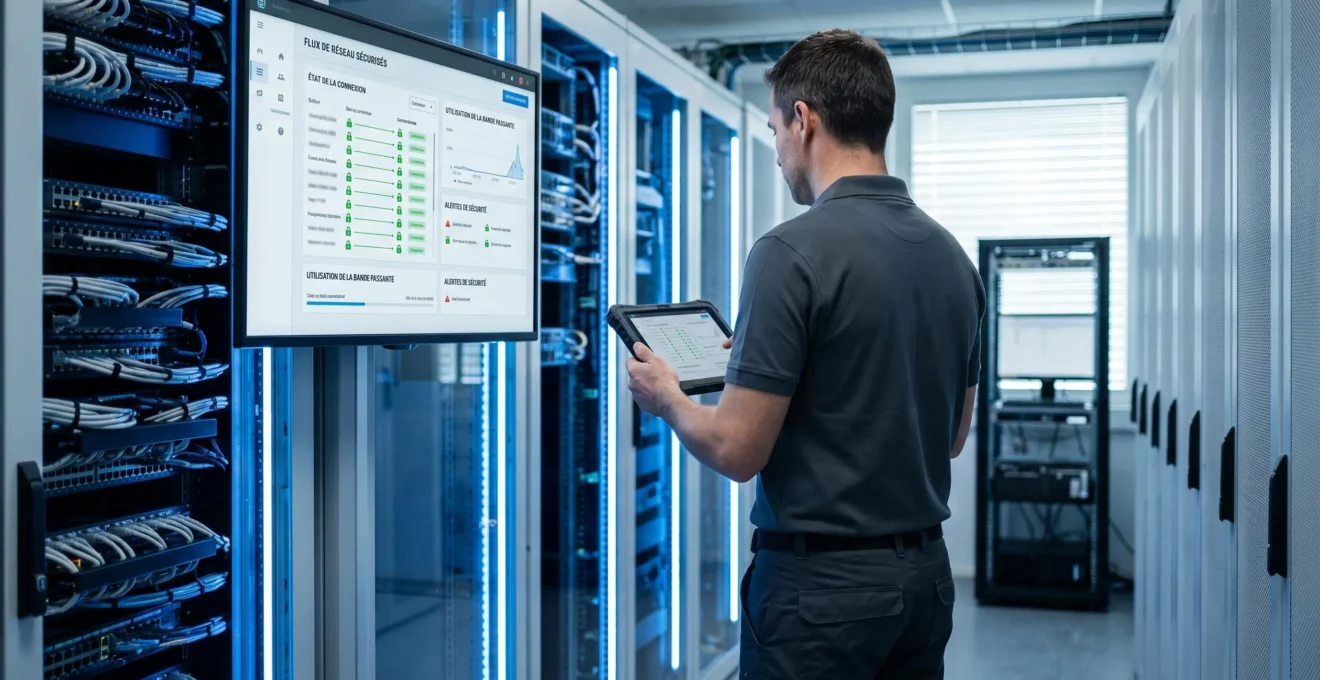 Technicien infogérance consultant une tablette dans une salle serveurs moderne avec écrans monitoring affichant flux réseau sécurisés