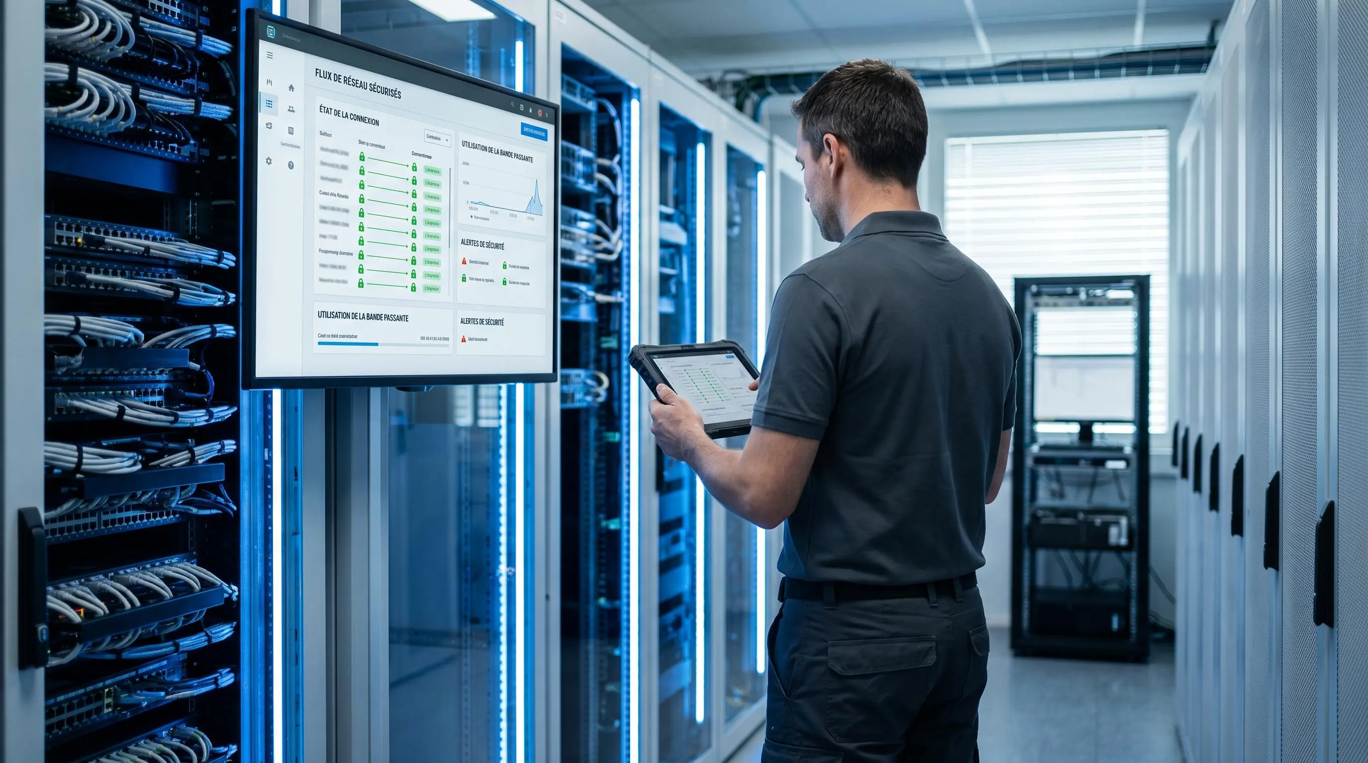 Technicien infogérance consultant une tablette dans une salle serveurs moderne avec écrans monitoring affichant flux réseau sécurisés