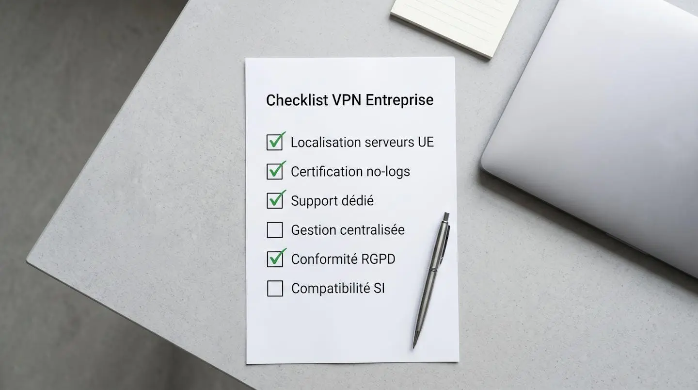 Vue plongeante checklist imprimée critères VPN entreprise en français avec cases cochées et stylo sur bureau contemporain